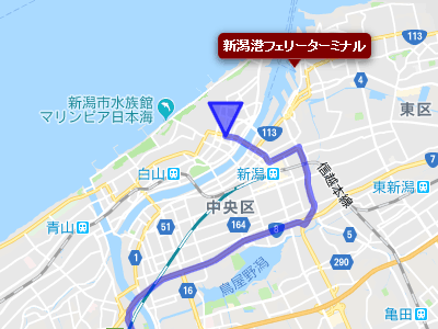 国道８号線の起点と新潟港フェリーターミナルの地図