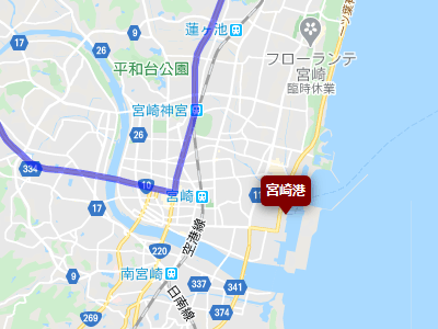 国道10号線と宮崎港のフェリーターミナルの地図
