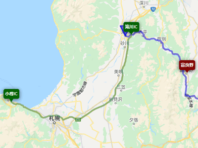 小樽港から高速を使って滝川インターチェンジで降りて、国道38号線を使って富良野へ抜けるルートの地図