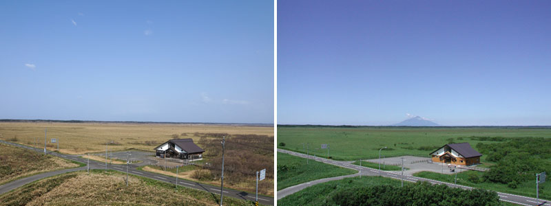 茶色の草原が広がる5月上旬のサロベツ原野と7月中旬の緑豊かなサロベツ原野