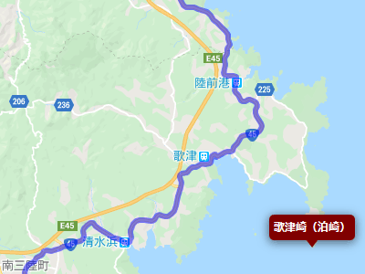 国道45号線と泊崎の先端にある歌津崎の地図