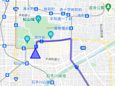 国道11号線の終点である松山市街の地図