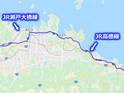 国道11号線とJR高徳線とJR瀬戸大橋線の高松周辺地図