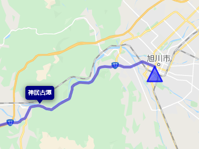 国道12号線の終点の旭川と神居古潭の地図