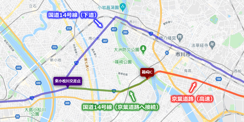 国道14号線が分岐している東小松川交差点と京葉道路の篠崎インターチェンジの地図