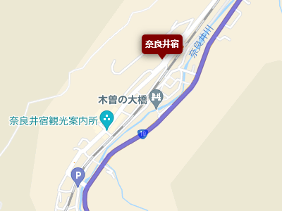 国道19号線と奈良井宿の地図