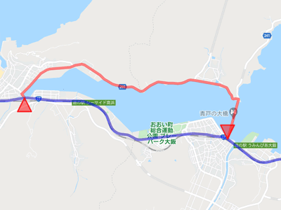 国道27号線と大島半島に渡る青戸の大橋の地図