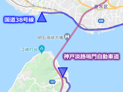 国道28号線の海上区間と神戸淡路鳴門自動車道の地図
