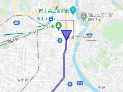 国道30号線の起点である岡山市街地の地図