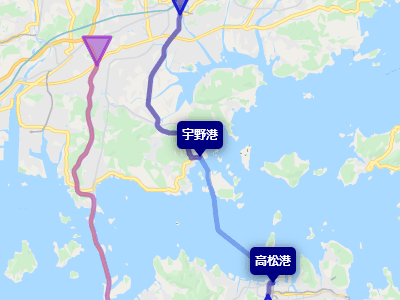 国道30号線と海上区間である宇高連絡船（宇野港～高松港）のルートマップ