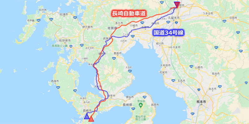 国道34号線と長崎自動車道のルート比較マップ