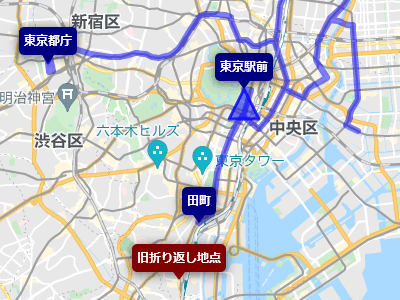 2021年の変更された東京マラソンコースと2016年以前のコースの折り返し地点
