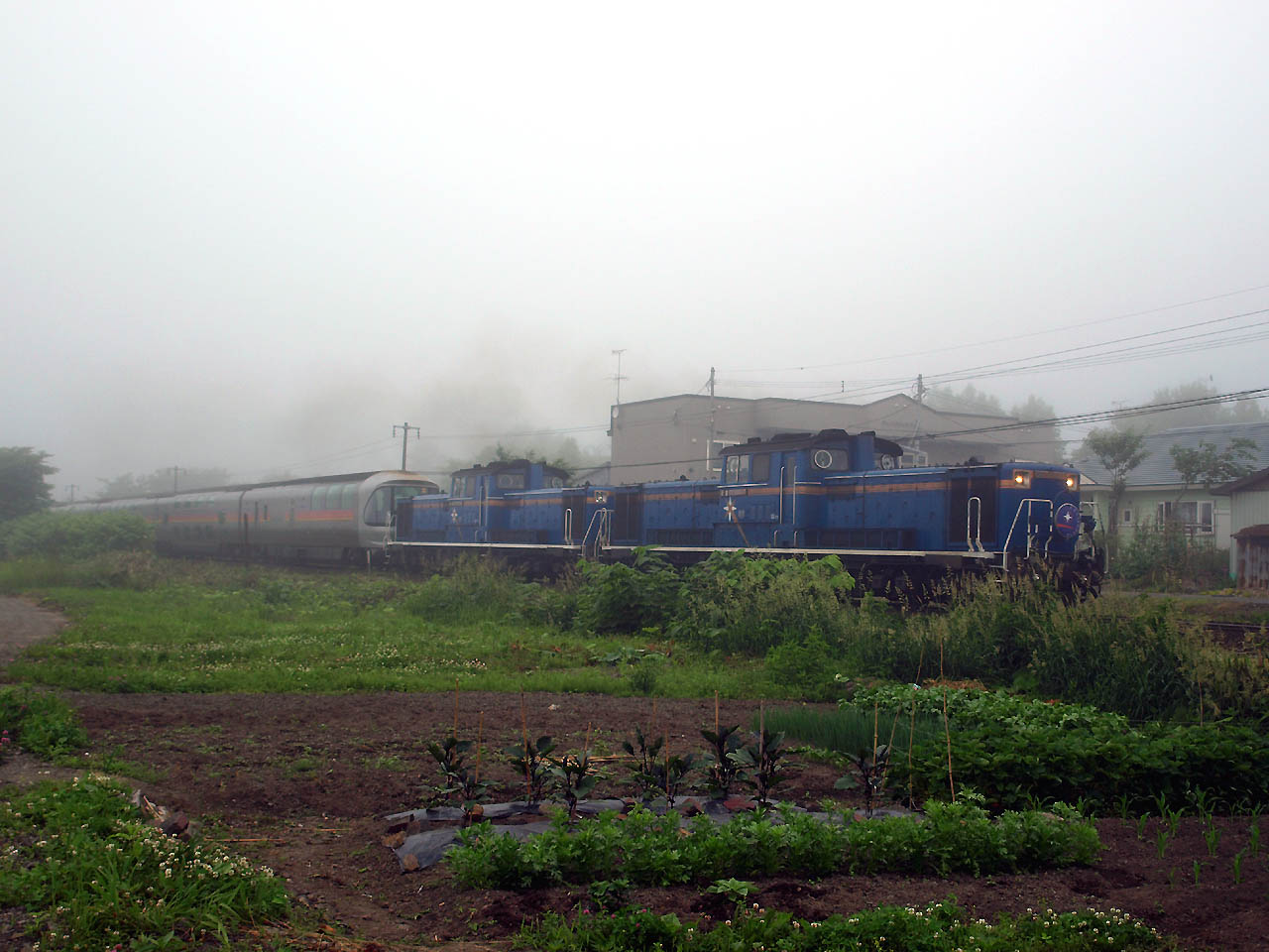 室蘭本線の洞爺駅付近で霧の中を走行する寝台特急カシオペアと重連で牽引しているDD51-1137号機