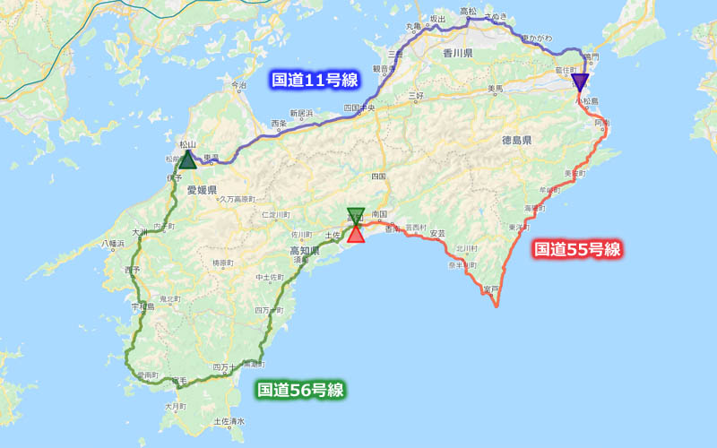 国道11号線、国道55号線、国道56号線を繋いだ四国を一周するルートの地図