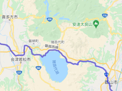 国道49号線と会津磐梯山、猪苗代湖の地図