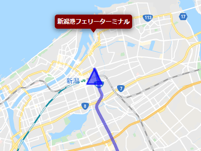 国道49号線の終点と新日本海フェリーの新潟港フェリーターミナルの地図