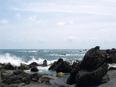 室戸岬の荒々しい岩肌に飛び散る波しぶき