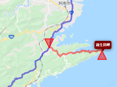 国道55号線と四国最東端「蒲生田岬」の地図