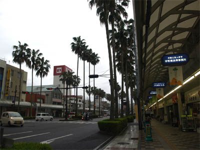 宇和島駅前のヤシの木が植えられた大通りと商店街のアーケード