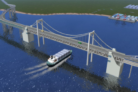 Ａ列車で行こう９で鉄道道路併用橋の下を通過する資材運搬用の貨物船
