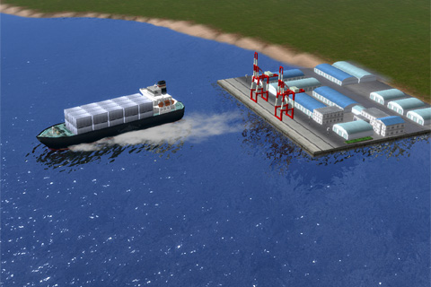 Ａ列車で行こう９のコンテナ港と資材を積んで離岸する貨物船