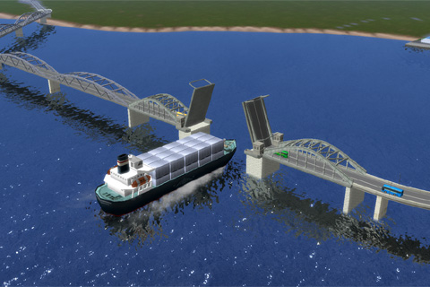 Ａ列車で行こう９の可動橋が開いて橋の下を通過する貨物船