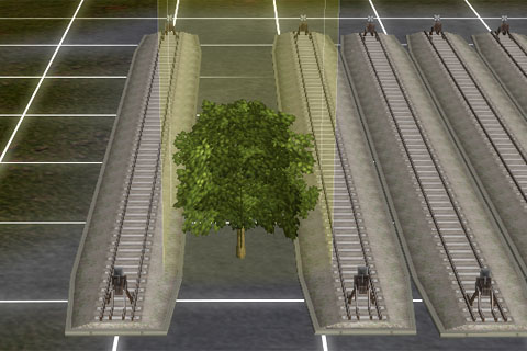 Ａ列車で行こう９で整列配置で敷設した２つの線路の隙間(6m)に街路樹（横幅 8mの広葉樹）を植えることができる例