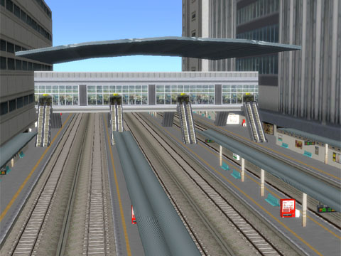 Ａ列車で行こう９の橋上駅（ターミナルビル２）のプラットホームとエスカレータの上にある連絡通路