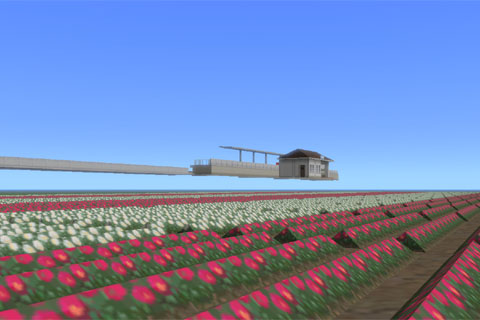 Ａ列車で行こう９のバグにより空中に浮いた駅舎と地面のお花畑