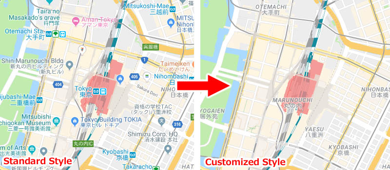 Google-Karte mit Elementen wie dem Handelsnamen und dem Stationsnamen, die mit einem benutzerdefinierten Stil ausgeblendet sind