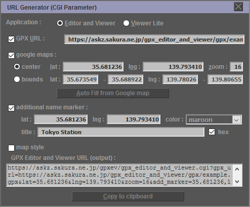 Diálogo de parámetros CGI para configurar la URL para mostrar la ruta de Google Maps