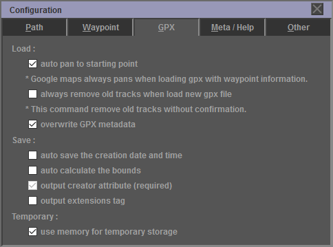 GPXEV Configuration dialog, Configuration settings