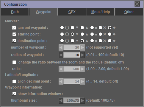 GPXEVのConfigurationダイアログ、Waypointに関する設定