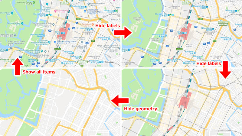 Map Controlダイアログを用いてGoogleマップ上に表示されている建物、道路、鉄道（路線）、駅などのラベルやアイテムを非表示にした画面例