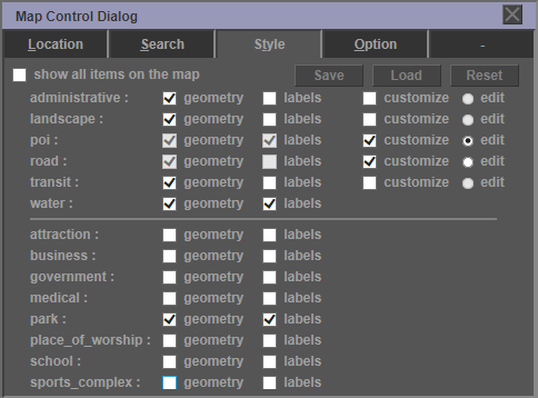 Map Control dialog for selecting items to display on Google map