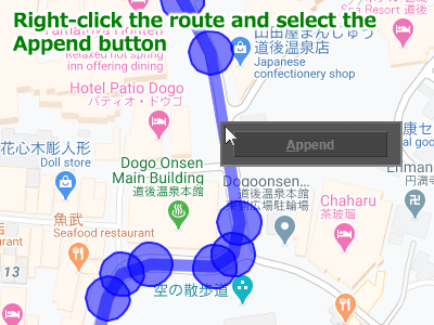 Shortcut menu displayed when right-clicking the route displayed on Google Maps
