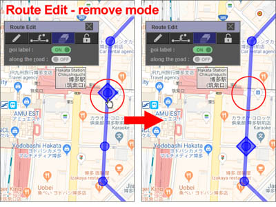 removeモードでGoogleマップ上に作成したルート上のwaypointを削除する方法