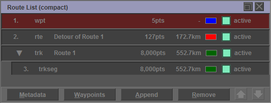 Route list dialog to display the contents of GPX file