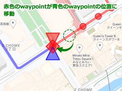 Googleマップ上に表示されているwaypoint（マーカー）を別のwaypoint（マーカー）と同じ座標に移動させたところ