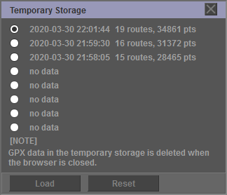 一時保存されたGPXデータの管理ダイアログ