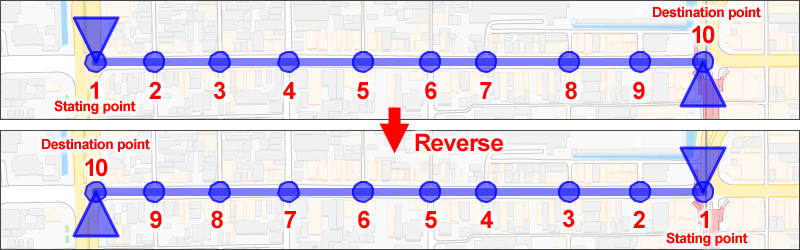 Googleマップ上に表示しているルートの始点と終点を逆転する例
