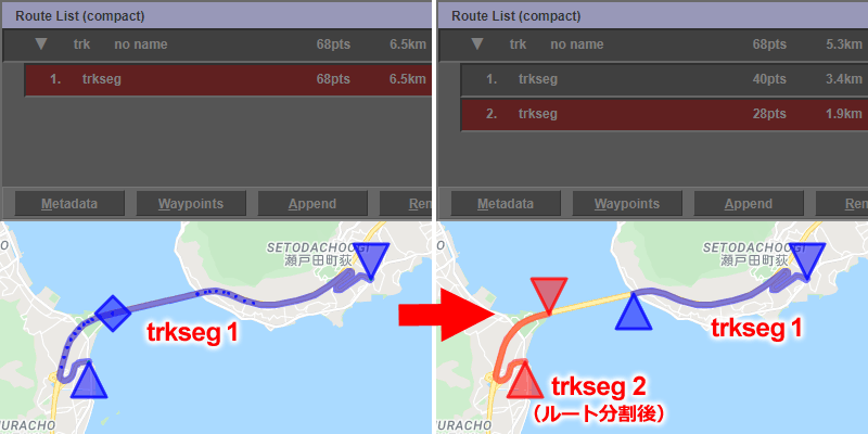 Googleマップ上でルートを２つに分割する例