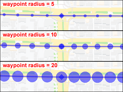 Définition de la taille (rayon) du marqueur de waypoint affiché sur Google Maps