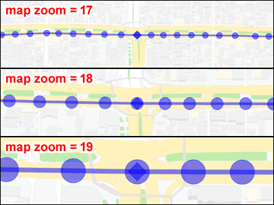 Google지도에 표시되는 웨이 포인트 마커의 크기 (반경)와지도의 확대 / 축소 값 간의 관계