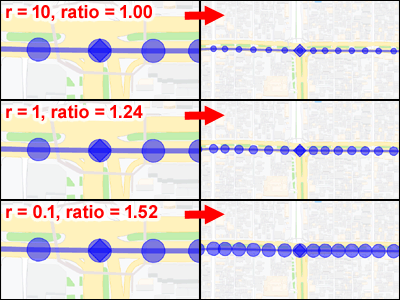 Google지도에 표시되는 웨이 포인트 마커의 크기 (반경) 및지도의 확대 / 축소 비율을 변경하는 경우의 예