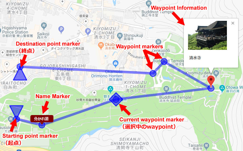 Googleマップ上に表示されるwaypointのマーカーとバルーン（吹き出し）