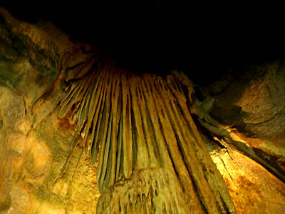 ライトに照らし出された美しい鍾乳石が神秘的な龍河洞
