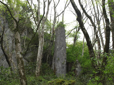 帝釈峡の途中にある「鬼の供養塔」、垂直に伸びた岩
