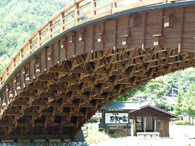 奈良井宿の北の端にある「木曽の大橋」を下から見た木造の橋の構造
