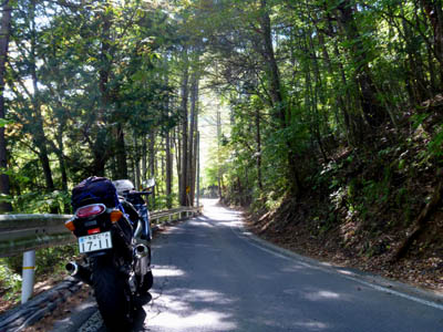 道幅が狭い山間部の国道152号線の路肩に停めたバイク